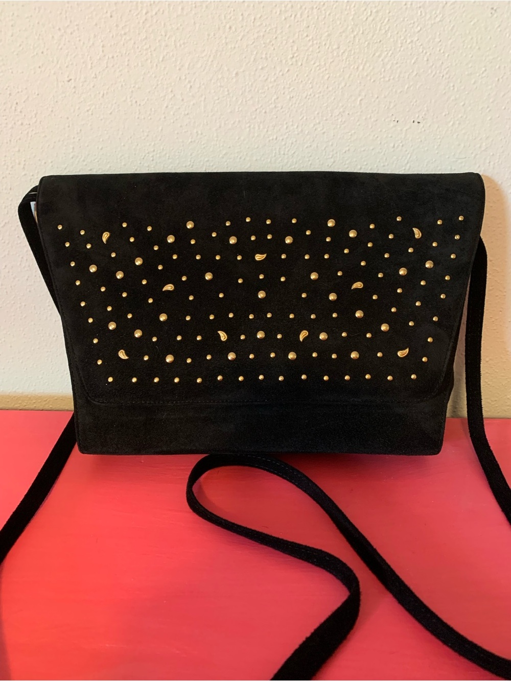 Vintage D’Rossana Black Suede Crossbody Bag with Gold Stud Detailing